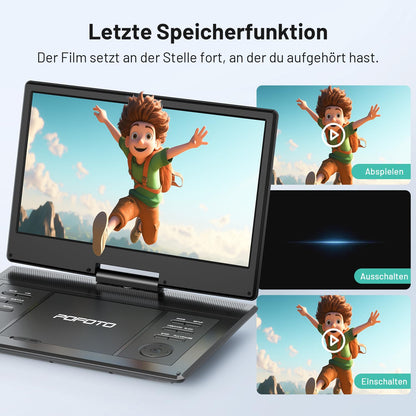 POFOTO Tragbarer DVD-Player, 14,1-Zoll-HD-Schwenkdisplay, 6h Akku