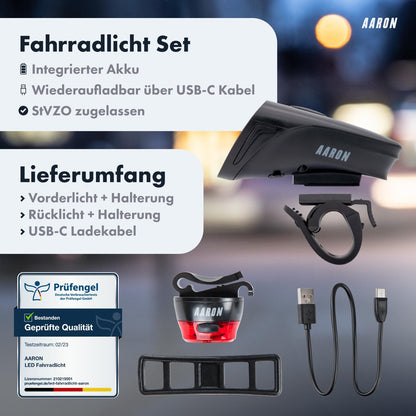 AARON LED Fahrradlicht Set 100 Lux, StVZO, USB aufladbar