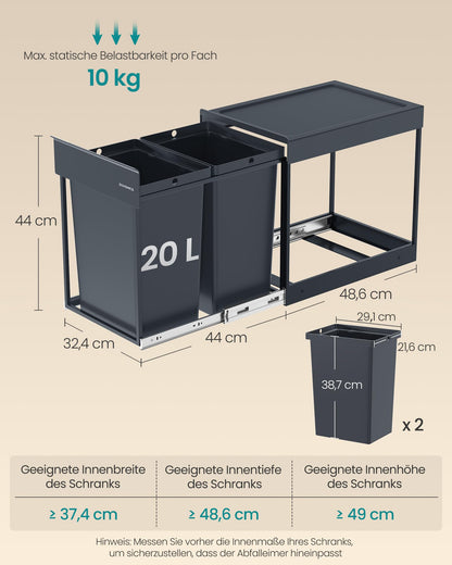 SONGMICS Mülleimer Küche, Mülltrennsystem für Unterschrank, 2 x 20 L