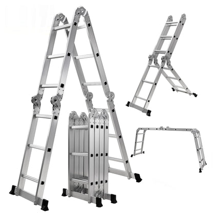 CRAFTFULL CF-104A Aluminium Mehrzweckleiter - 4x3 Sprossen. Silberne Gelenkleiter, flexibel als Steh-, Anlege- oder Arbeitsbühnenleiter nutzbar.