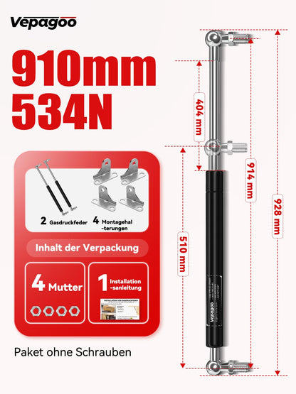 Vepagoo Regelbare Gasdruckfeder 910MM 534N/54KG – 2er Set