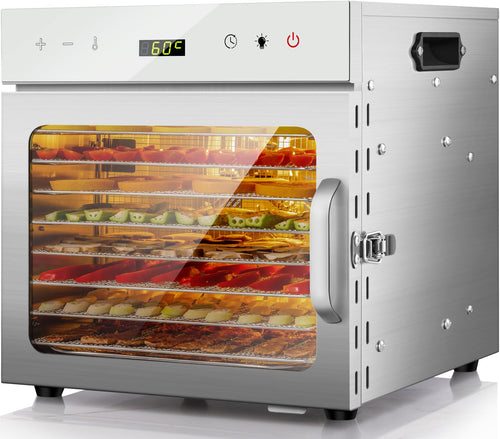 Kwasyo Dörrautomat Edelstahl, 8 Etagen mit 6er Dörrfolie, Rezeptbuch, BPA-frei, 30–90 ℃ Temperatureinstellung, max. 24 Stunden, Dörrautomat für Gemüse, Fleisch, Obst