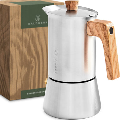 WALDWERK Espressokocher 300 ml, Edelstahl mit Eichenholzgriff – für alle Herdarten