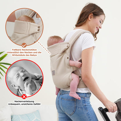 GAGAKU Babytrage ergonomisch mit Nackenstütze, 3,2-15 kg, Khaki