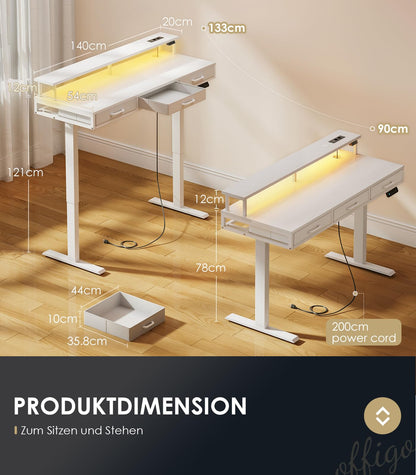 OffiGo Elektrischer Schreibtisch m. Schubladen 140cm Weiss