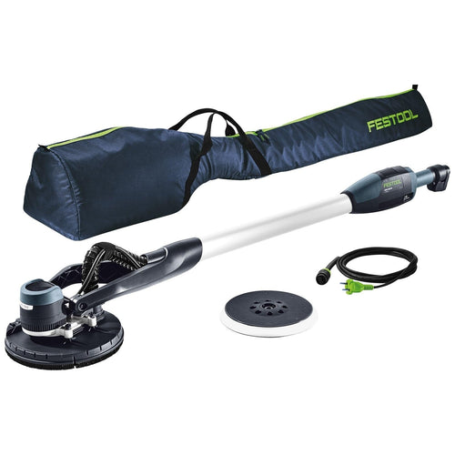 Festool LHS-E 225 EQ Langhalsschleifer - PLANEX Ø 225 mm. Grünes Werkzeug mit Schleifteller zum Glätten von Wänden und Decken.