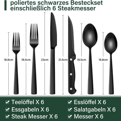 Terlulu Besteckset 36-teilig Edelstahl Schwarz mit Steakmessern