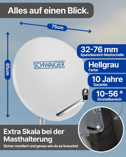 SCHWAIGER Satellitenschüssel Komplettset 80 cm mit Quad LNB