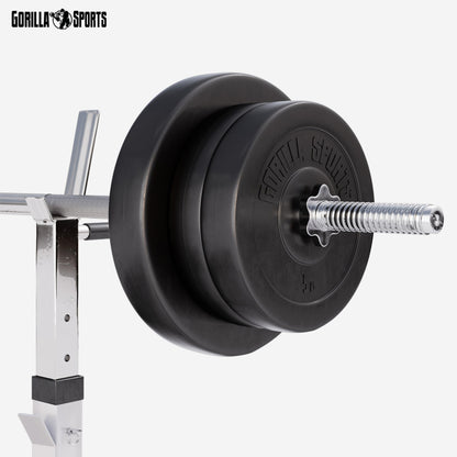 GORILLA SPORTS® Hantelbank mit Langhantelset – Klappbar