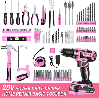 DEKO Werkzeugkoffer 186-teilig mit Akku-Bohrschrauber 20 V rosa