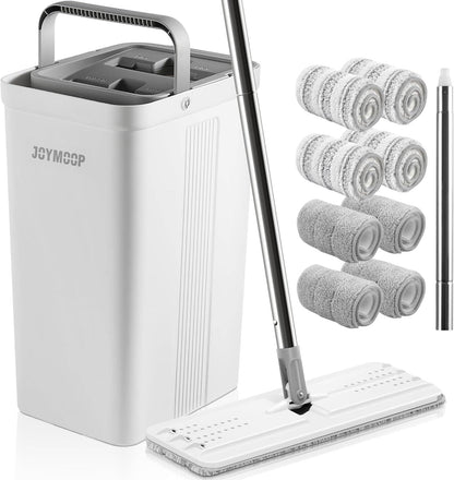 JOYMOOP Wischmopp & Eimer Set mit Auswringer – Flach, 8 Pads