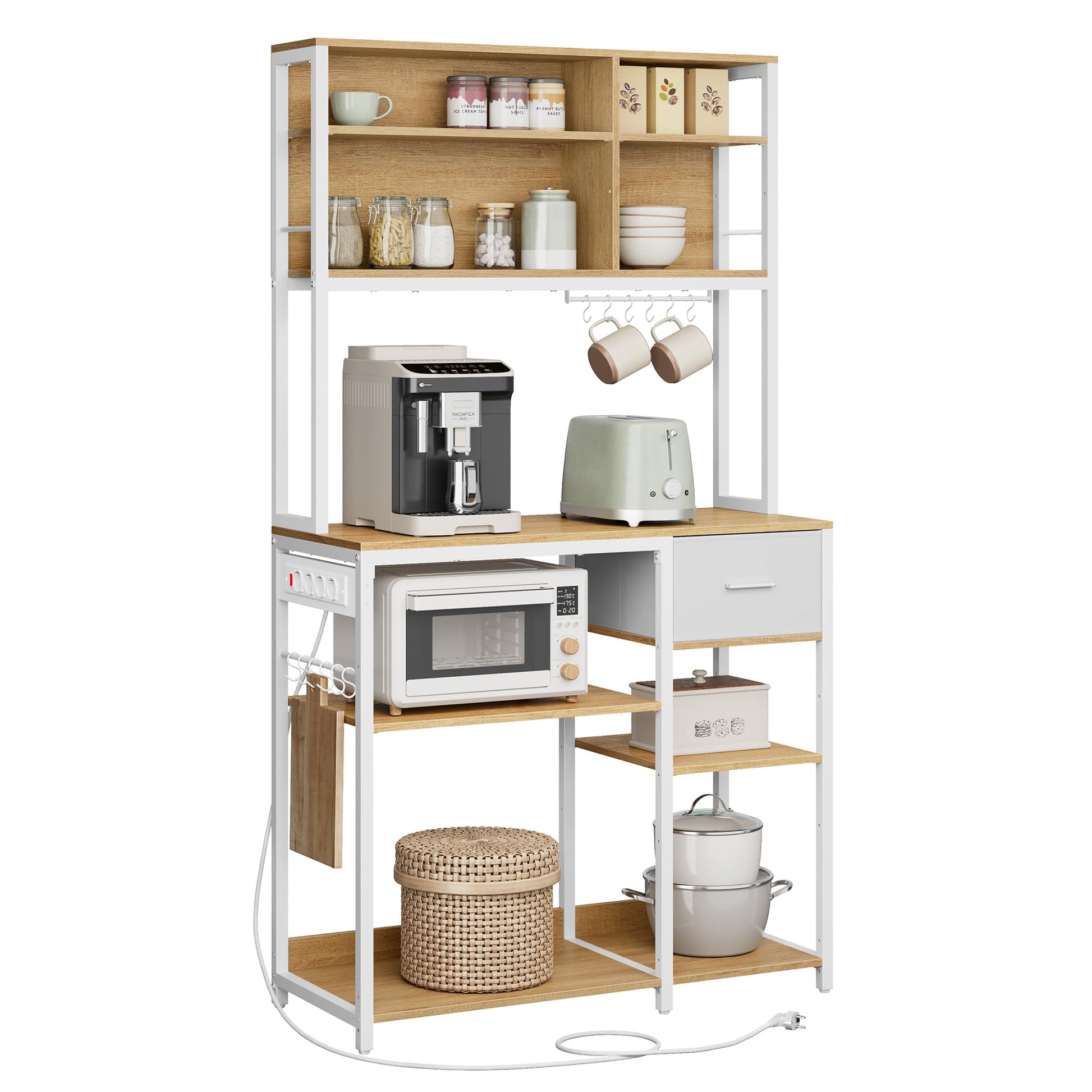 VASAGLE KKS027Y02 Küchenregal mit Steckdosen - goldeichenfarben-weiss. Vertikales Regal für Küchenorganisation und Stromversorgung.