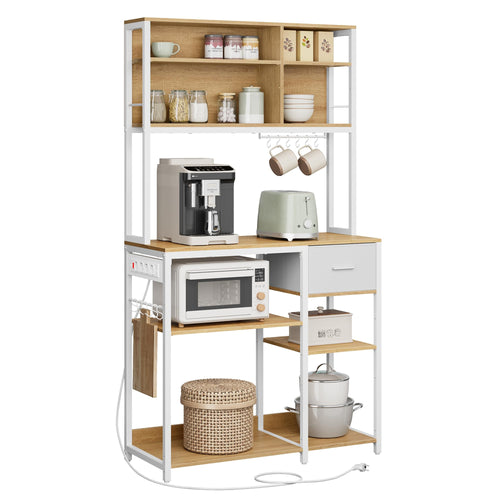 VASAGLE KKS027Y02 Küchenregal mit Steckdosen - goldeichenfarben-weiss. Vertikales Regal für Küchenorganisation und Stromversorgung.