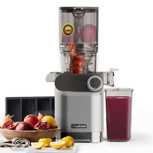 Anybear Entsafter Slow Juicer Kaltentsafter 110mm Silber. Silberner Vertikal-Entsafter mit 110mm Einfüllöffnung. Kaltentsaftet Obst und Gemüse.