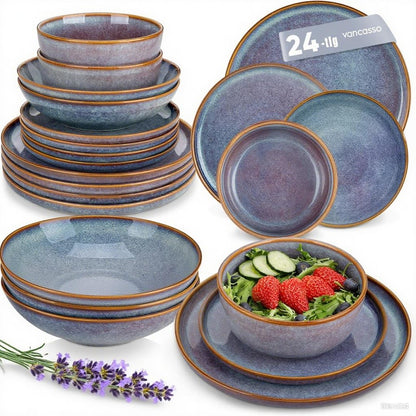 vancasso PLAYA Tafelservice 24tlg - Lavendelblau Reaktive Glasur. Rundes Geschirr in Lavendelblau zum Servieren von Speisen für 6 Personen.