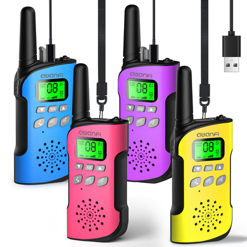 AWANFI Walkie Talkie Kinder 4er Set mit VOX und Taschenlampe, Funkgeräte mit LCD-Display und Gürtelclip