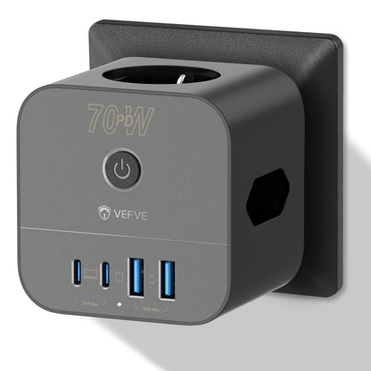 VEFVE Steckdosenwürfel 70 W mit USB-C, 7-in-1 Mehrfachsteckdose GaN in Würfelform mit Hauptschalter