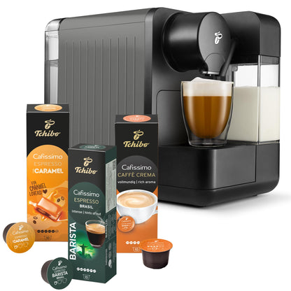 Tchibo Cafissimo Milk Kapselmaschine – Metallic Silver mit Milchaufschäumer. Brüht Kapselkaffee & Milchgetränke.