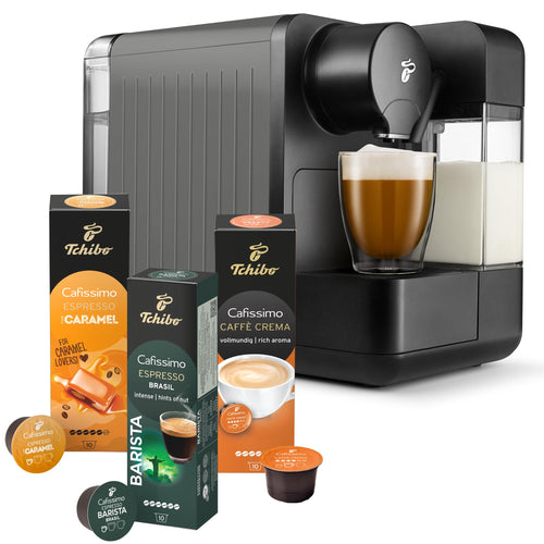 Tchibo Cafissimo Milk Kapselmaschine – Metallic Silver mit Milchaufschäumer. Brüht Kapselkaffee & Milchgetränke.