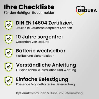 dedura Rauchmelder mit Magnethalterung, 10er Set, DIN EN 14604