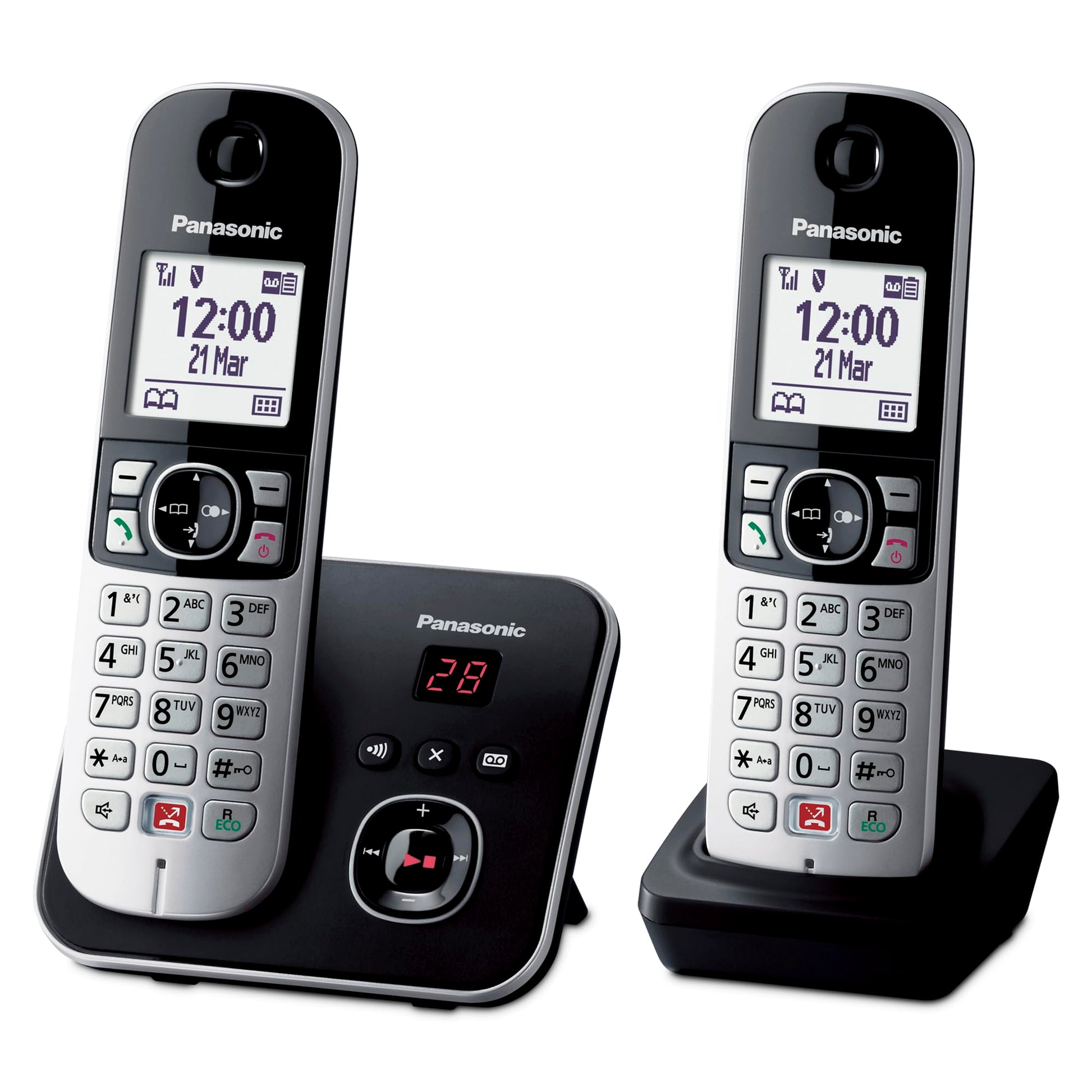 Panasonic KX-TG6862GB Schnurlostelefon Duo mit AB schwarz-silber. Zwei schwarze, silberne Mobilteile mit Basisstation zum Festnetztelefonieren und Anrufbeantworter.