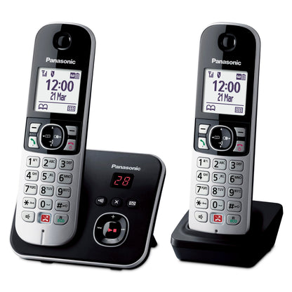 Panasonic KX-TG6862GB Schnurlostelefon Duo mit AB schwarz-silber. Zwei schwarze, silberne Mobilteile mit Basisstation zum Festnetztelefonieren und Anrufbeantworter.