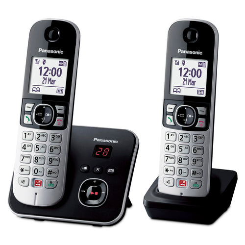 Panasonic KX-TG6862GB Schnurlostelefon Duo mit AB schwarz-silber. Zwei schwarze, silberne Mobilteile mit Basisstation zum Festnetztelefonieren und Anrufbeantworter.