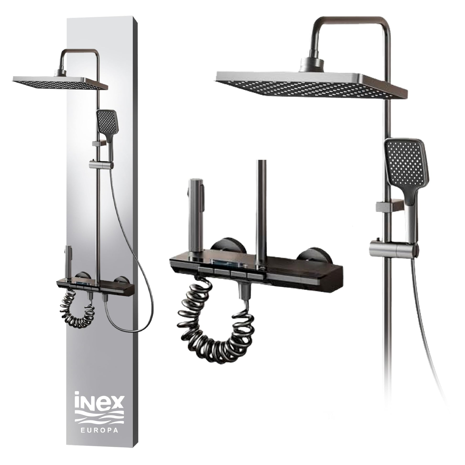 INEX EUROPA Quadratische Regendusche mit Armatur Edelstahl. Quadratischer Duschkopf aus Edelstahl. Ermöglicht ein großflächiges Duscherlebnis.