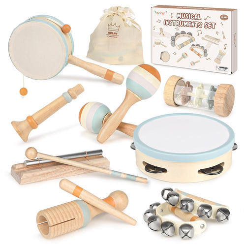 Vanplay Musikinstrumente Set aus Holz, Musikspielzeug für Kinder – Tamburin, Maracas, Trommel und Tragetasche