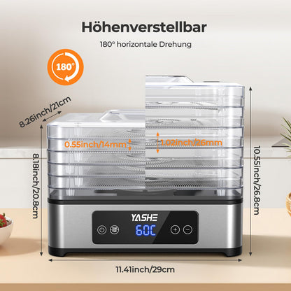 YASHE Dörrautomat FD-1019, 5 Edelstahl-Einschübe, 400 W, Timer