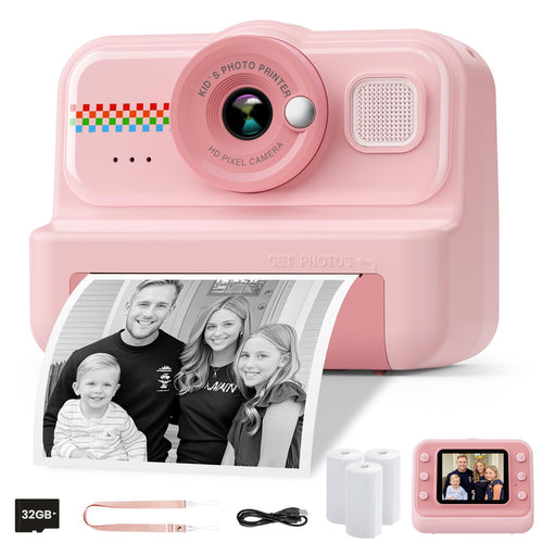 HiMont KC02 Kinderkamera Sofortbildkamera 1080P mit 32GB Karte, Rosa – 2,4-Zoll-Bildschirm, Sofortdruck