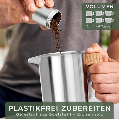 WALDWERK French Press 1L – Kaffeebereiter Edelstahl, Eichenholz