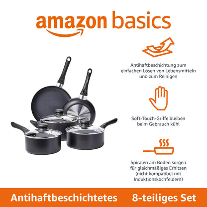 Amazon Basics Kochgeschirr-Set 8-teilig, Antihaftbeschichtung, Schwarz