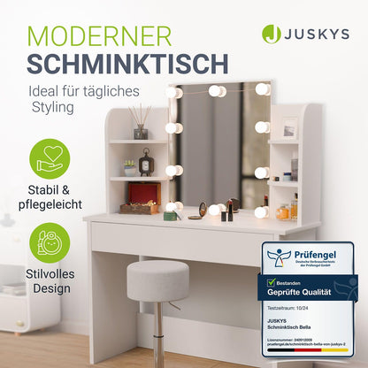 Juskys Schminktisch Bella LED Beleuchtung & Spiegel – Weiss