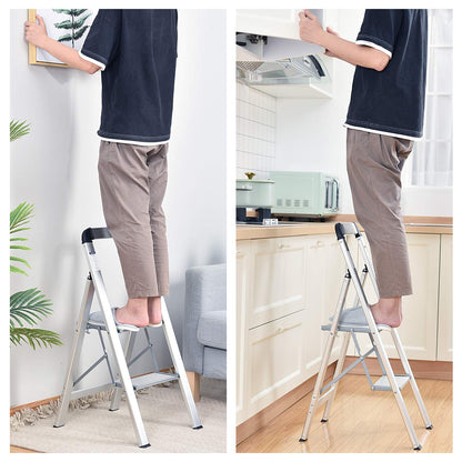 KINGRACK Leiter Aluminium, Trittleiter 2 stufen klappbar, leiter 2 stufen mit Handlauf, rutschfeste Haushaltsleiter mit Klappsicherung, Aluleiter Belastbar bis 150 kg, für Zuhause, Büro,Garten,Silber