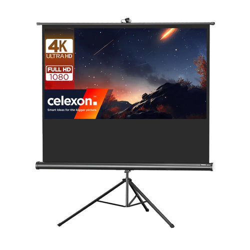 celexon Economy Stativ-Beamerleinwand 70" Schwarz manuell: Rollleinwand auf schwarzem Stativ zur Projektion von Medien.