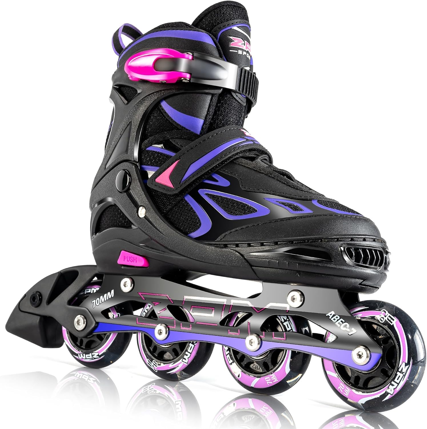 2PM SPORTS Verstellbare Inline Skates mit Leuchtrollen in Violett, L – Skates mit Aluminiumrahmen und leuchtenden Rollen