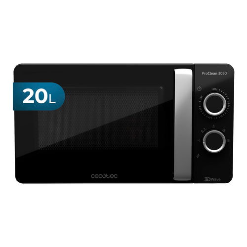 Cecotec ProClean 3050 Mikrowelle, 20 Liter, 700 W, Schwarz-Silber mit FullCrystal-Tür und Drehsteuerung