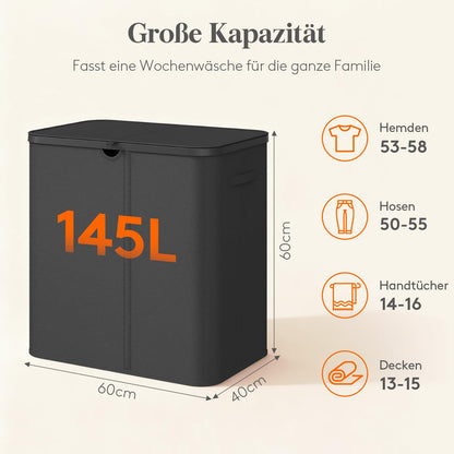 Lifewit Wäschekorb mit Deckel, 145 L Wäschesammler, Schwarz