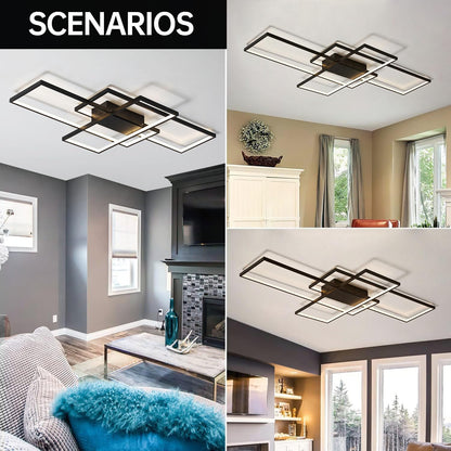 ASJK LED Deckenleuchte Modern Eckig – 80cm, Schwarz mit Fernbedienung