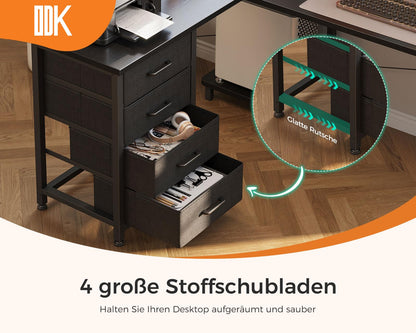 ODK Eckschreibtisch L-Form - Schwarz, 135x100 cm, Schubladen, Steckdose
