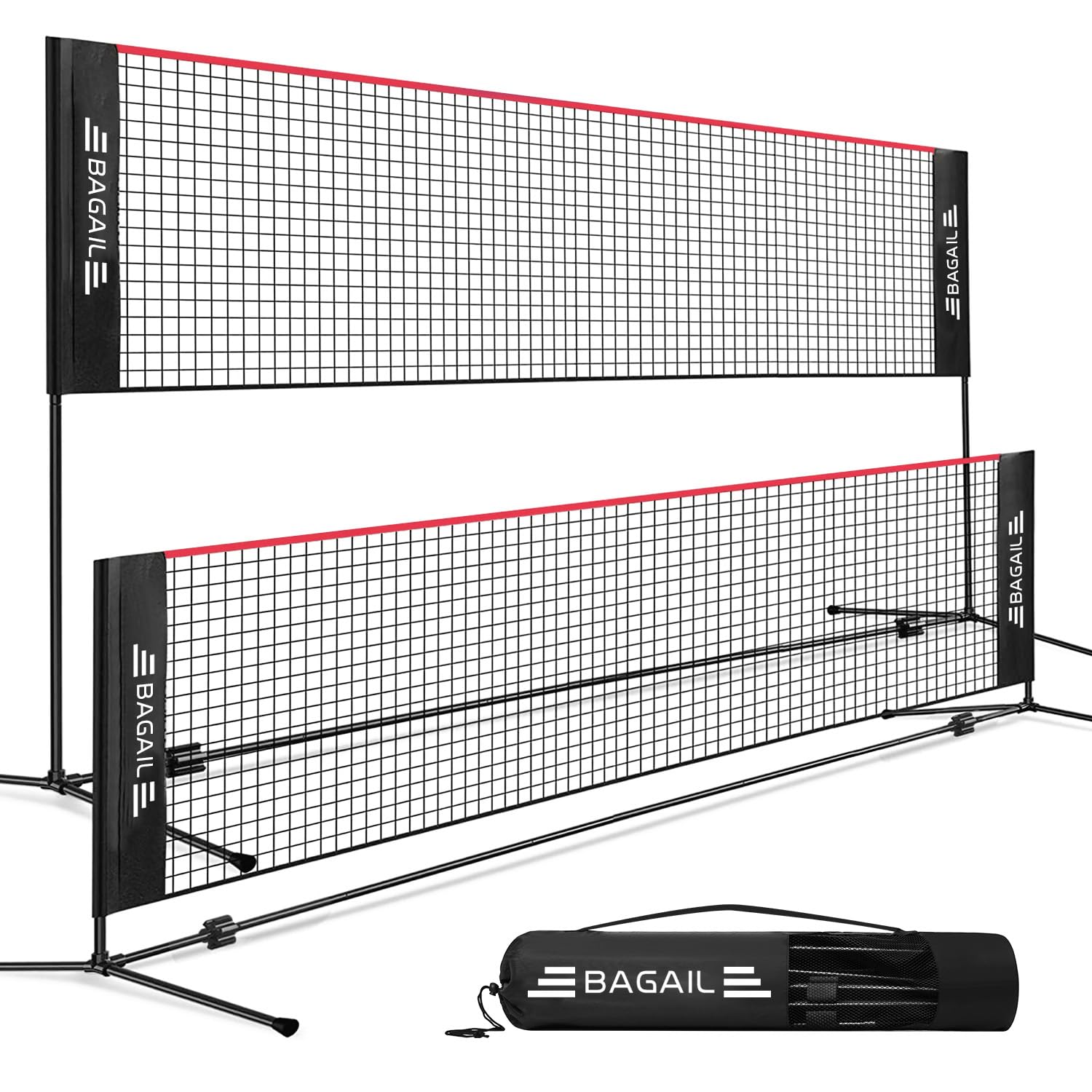 BAGAIL faltbares Badmintonnetz – höhenverstellbares Sportnetz, schwarzes Netz mit Gestänge, für Badminton, Volleyball, Tennis.