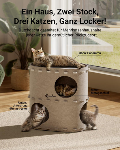 DownyPaws Katzenhöhle aus Filz, 2-stöckiges Katzenhaus, Beige