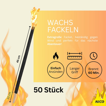 NICO Feuerwerk Wachsfackeln 50 Stück mit Handschutz, 60 Min