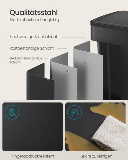 SONGMICS Tretmülleimer 2x30L, 2 Fächer, Softclose, Stahl – Tintenschwarz LTB741B02