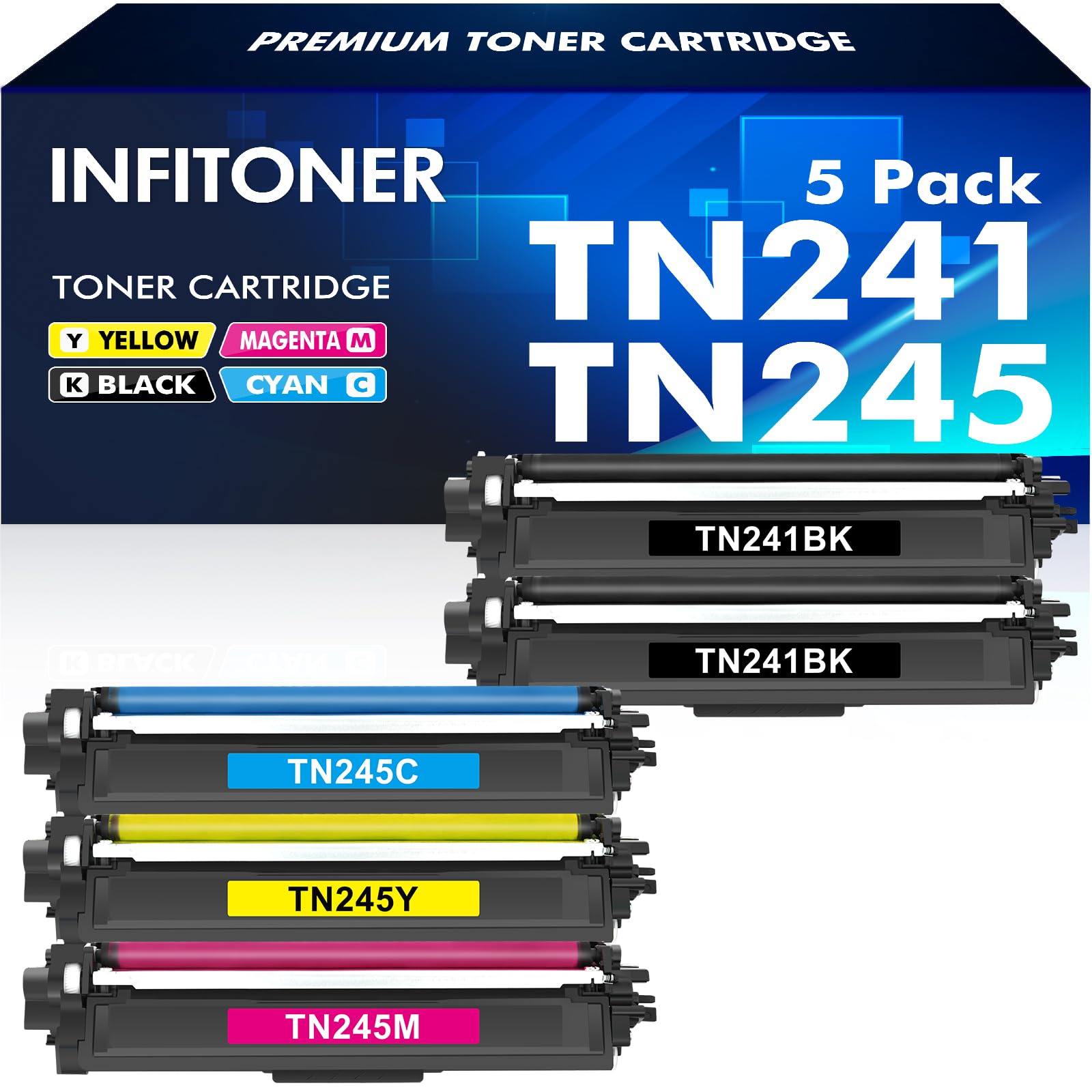 INFITONER TN241 TN245 Toner Set kompatibel für Brother, 5er-Pack – Schwarz, Cyan, Magenta, Gelb