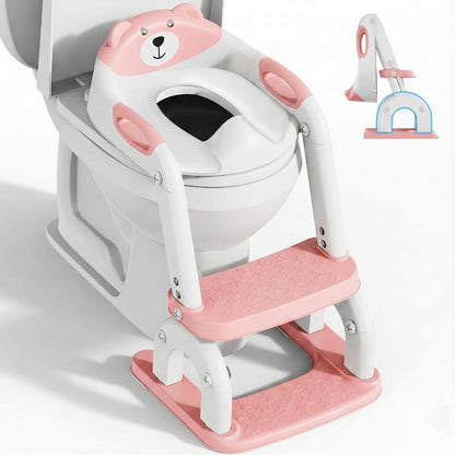 KYYOKE Toilettensitz Kinder mit Treppe, 2-in-1 Toilettentrainer, Rose – klappbarer WC-Aufsatz mit rutschfesten Stufen