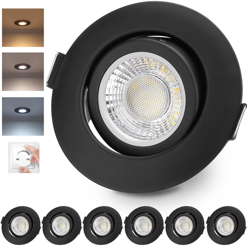 cloksh LED Einbaustrahler 230V dimmbar schwenkbar IP44 schwarz 6er-Set, runde Deckenspots mit gebürsteter Oberfläche
