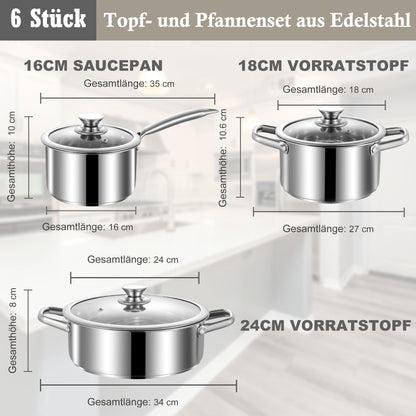 SHEUMNT Topf- und Pfannenset Edelstahl, 6-teilig, induktionsgeeignet