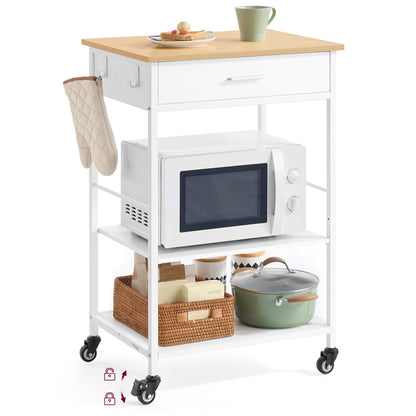 VASAGLE Küchenwagen mit Rollen und Schublade, eichenbeige-mattweiss, mit Ablagen und Haken